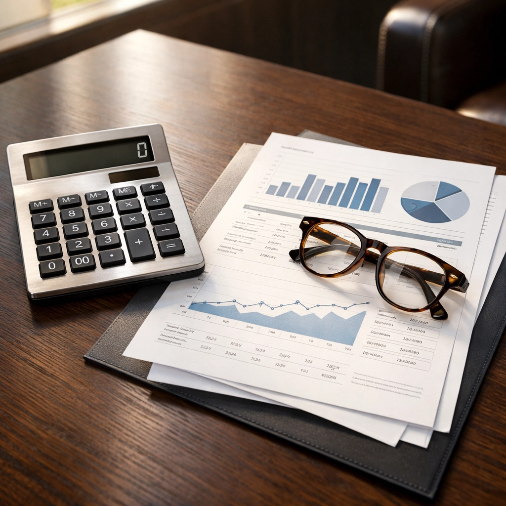 Financial reports and calculator on an executive desk used for a professional Mississippi business valuation.
