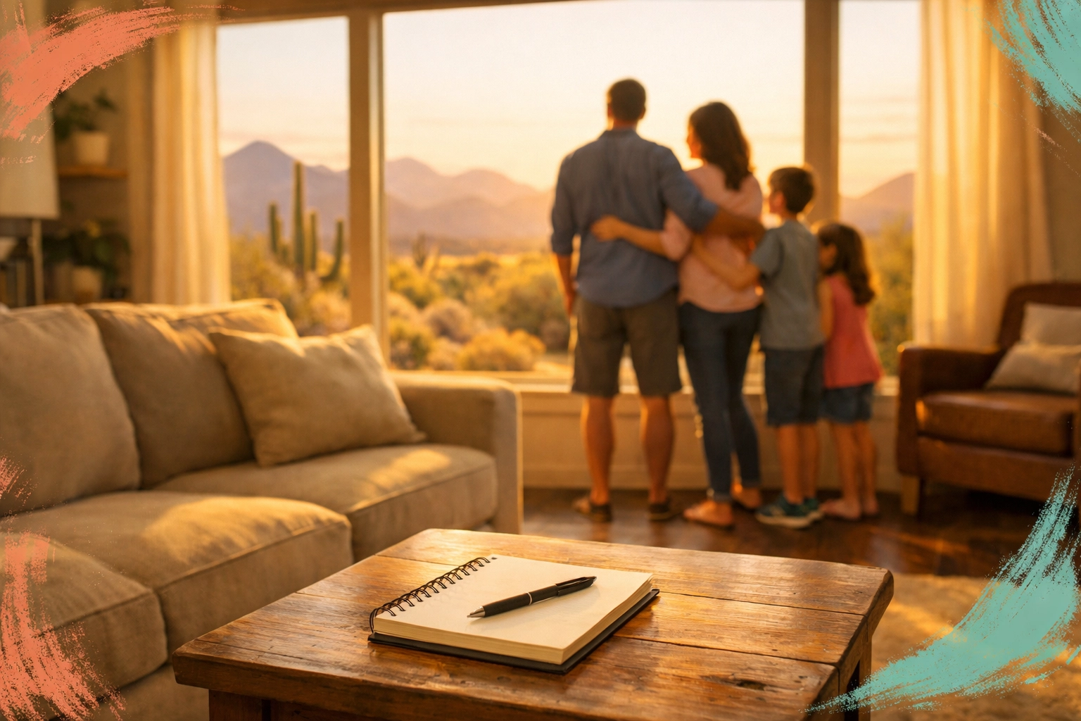 Family planning home decisions in peaceful Arizona living room with desert mountain views