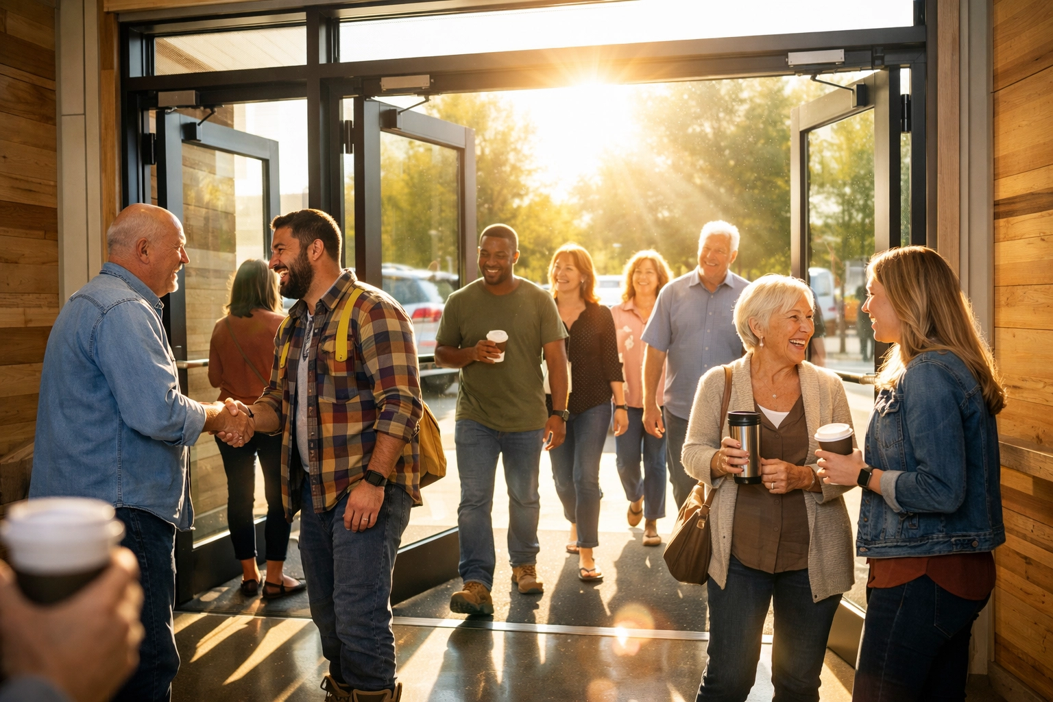 Diverse group of people entering church in casual attire at welcoming Sunday service Diverse group of people entering church in casual attire at welcoming Sunday service