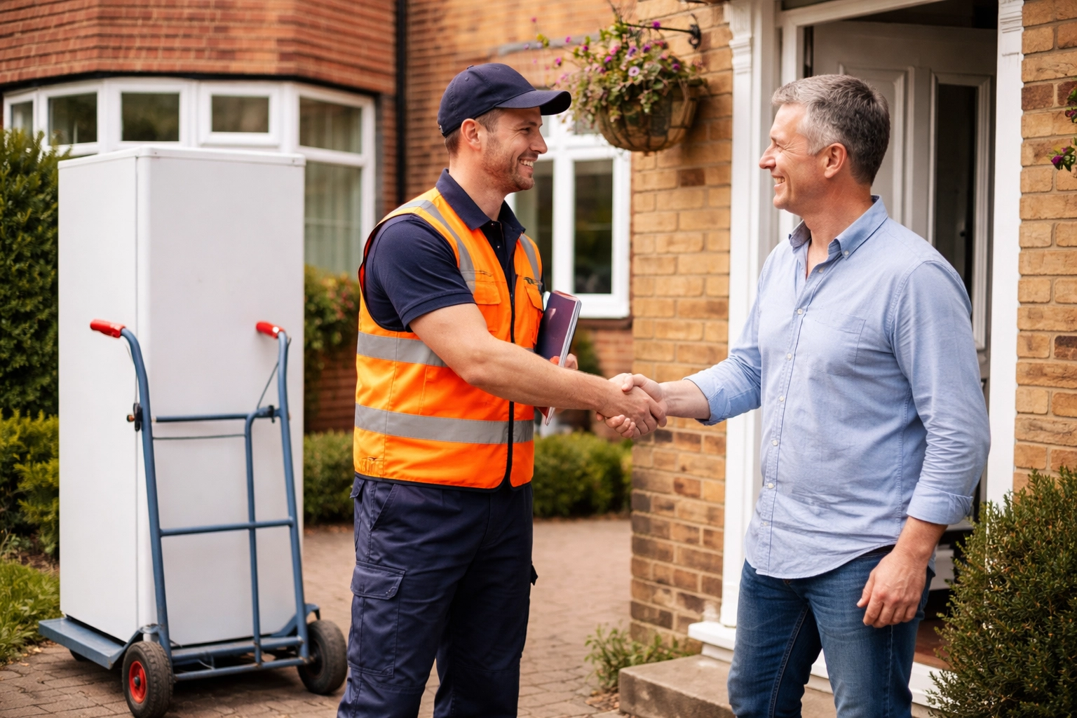 Friendly waste collection worker shakes hands with homeowner during responsible appliance removal