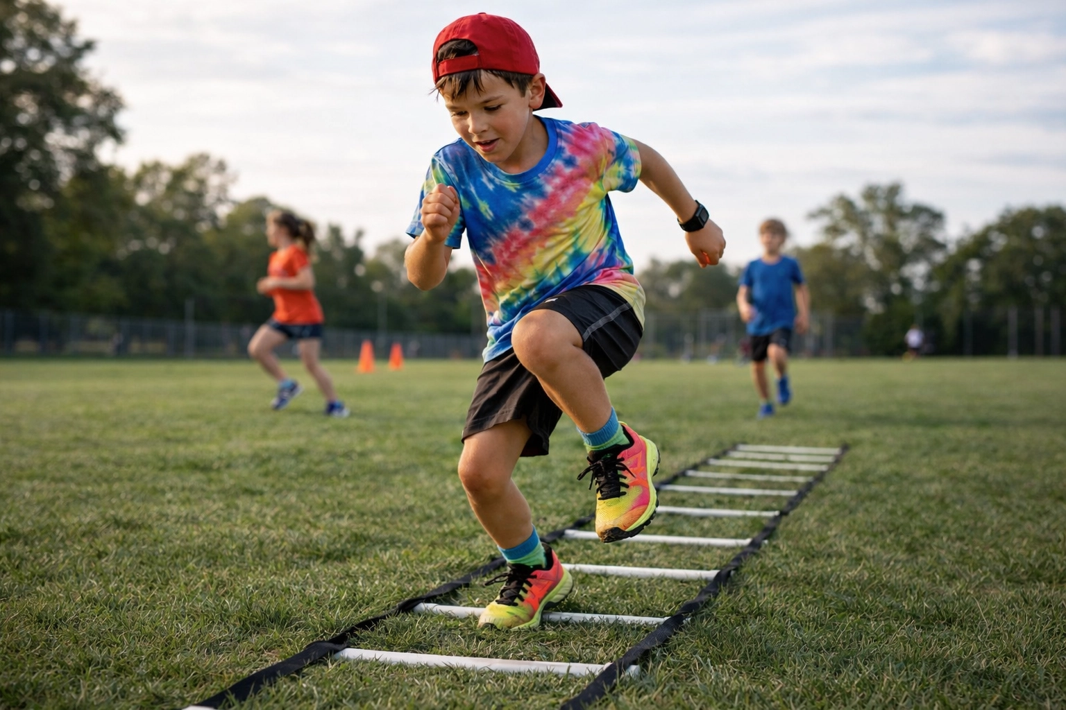 Young athlete training with agility ladder for footwork drills on outdoor sports field