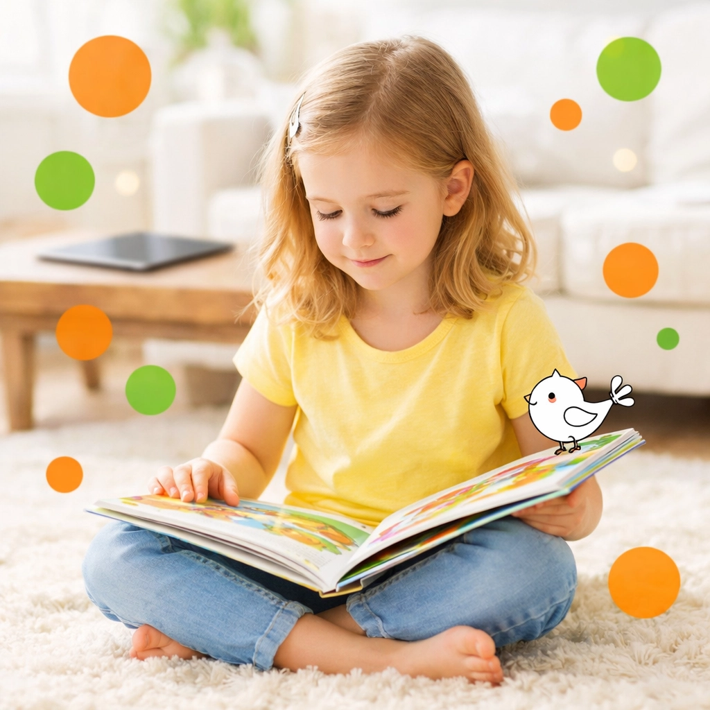 Young girl practicing deep focus by reading a book instead of using a tablet screen.