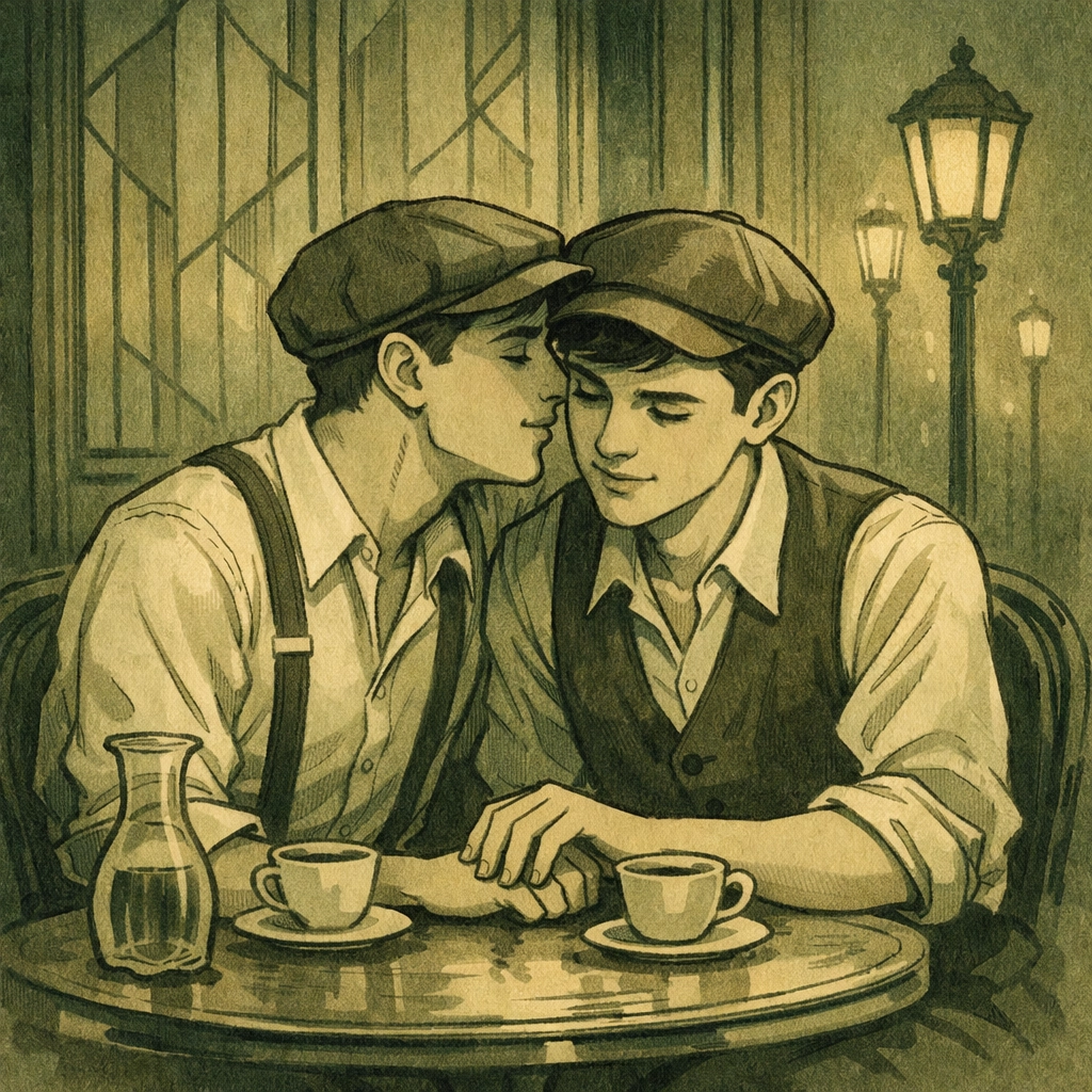 Two men share intimate moment at 1920s Paris café during era of clandestine gay life