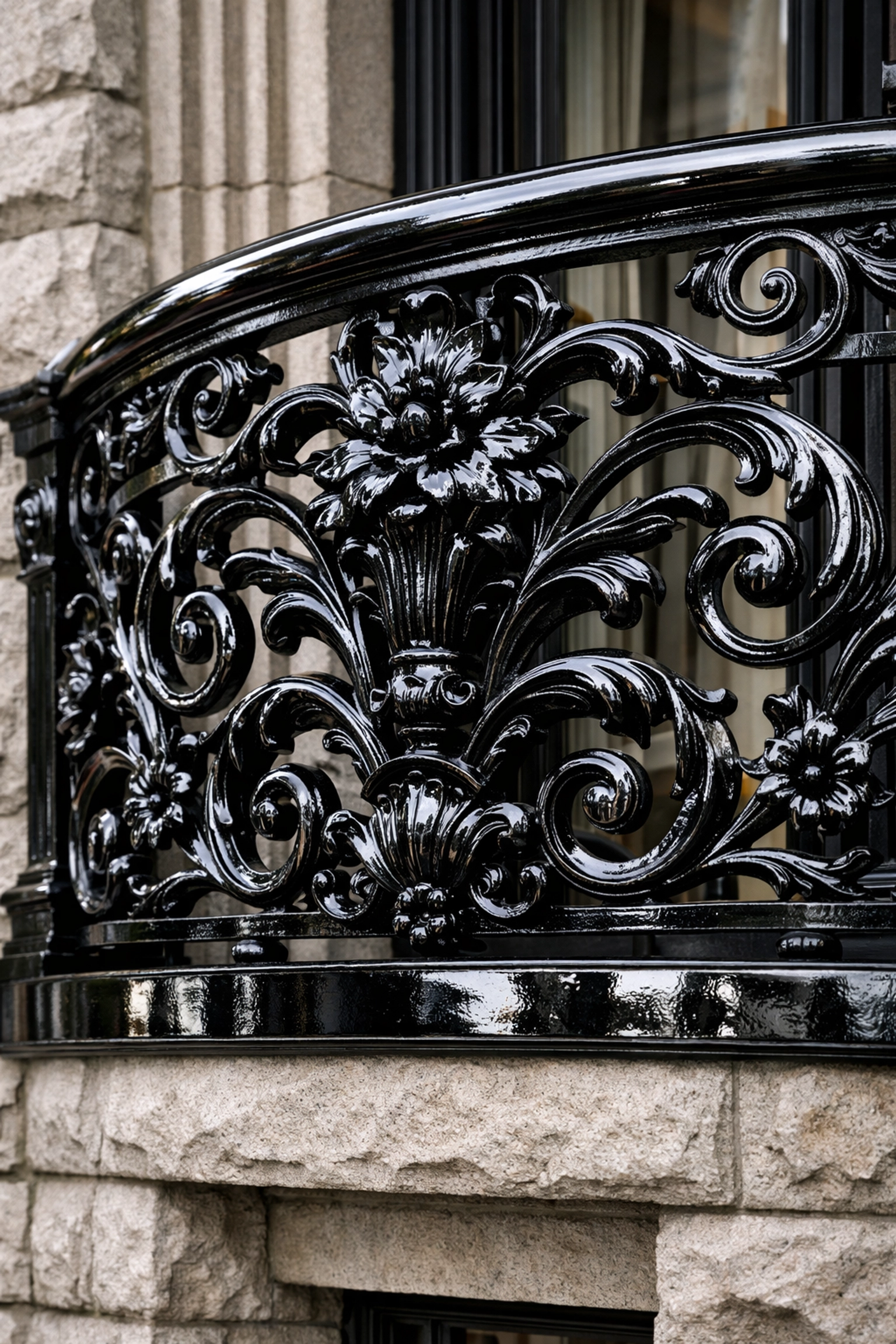 Polished high-gloss black paint on an intricate wrought iron balcony gate in Chicago.