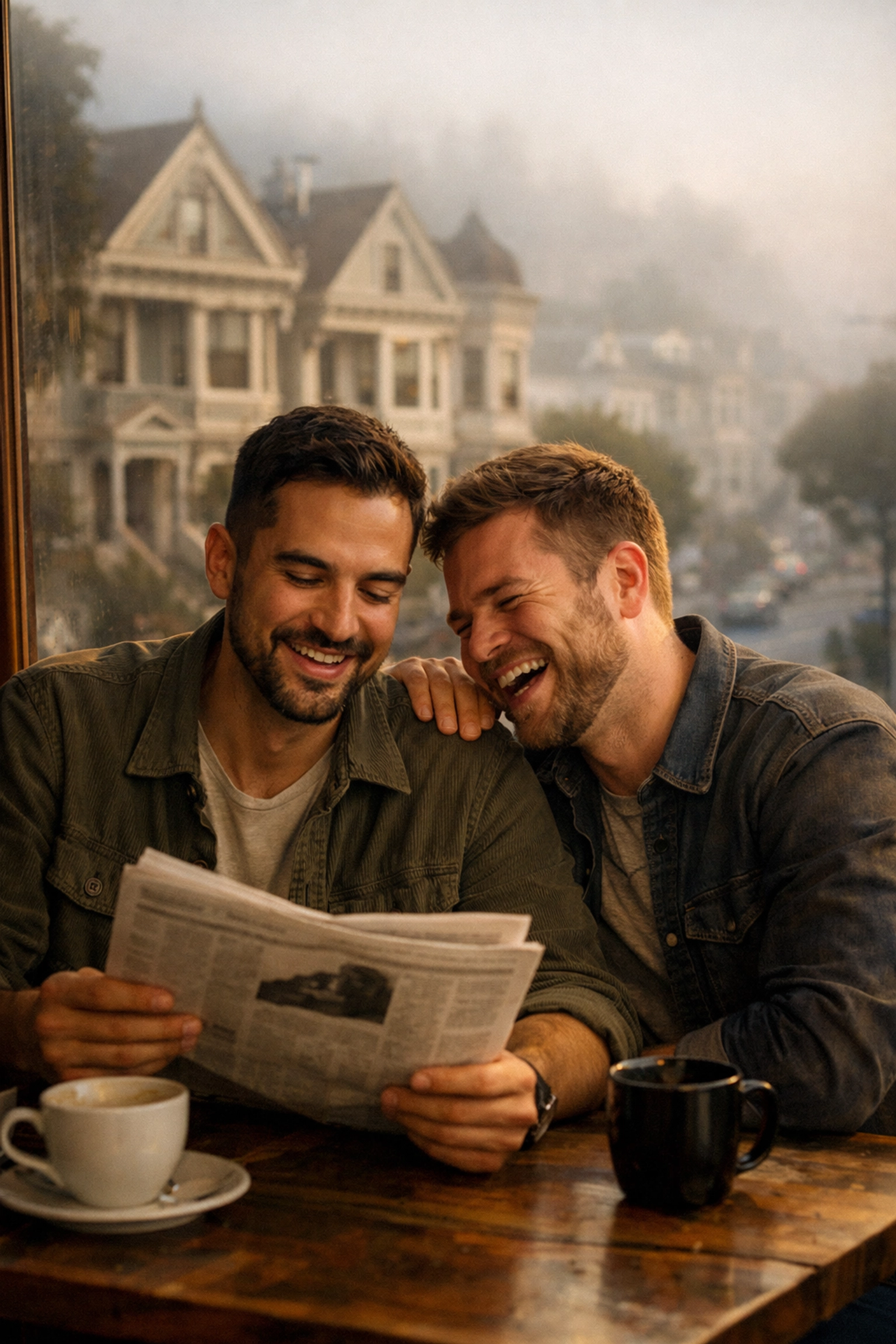 Gay men reading Tales of the City in San Francisco café representing queer literature