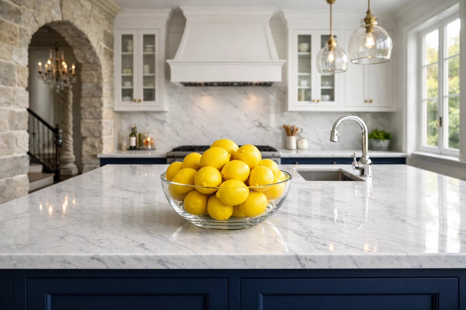 Eco-friendly house cleaning for a modern kitchen with spotless Carrera marble countertops in a historic estate.