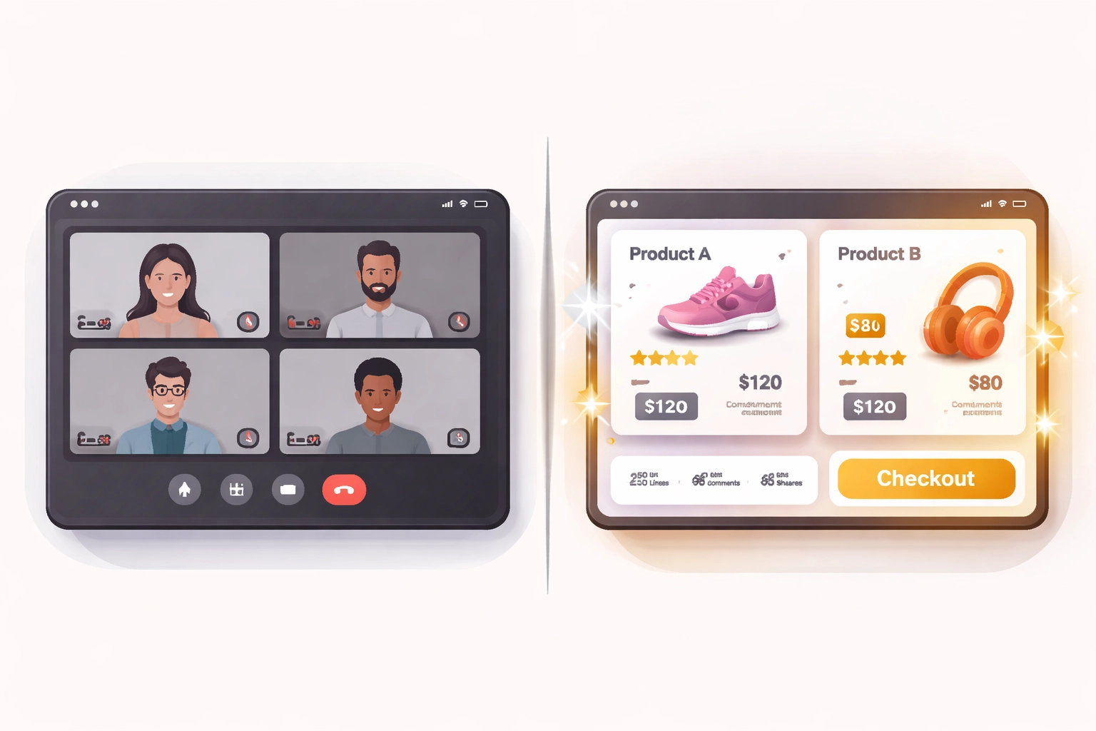 Side-by-side illustration comparing a basic video call to an interactive shoppable video platform with product cards