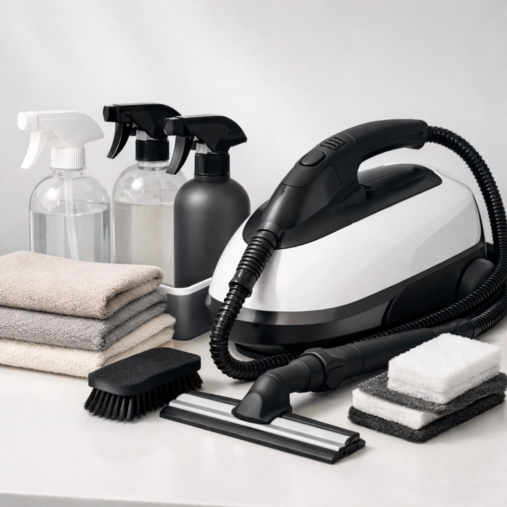 Professional cleaning supplies organized for apartment turnover service