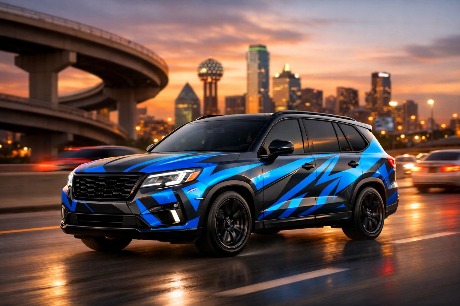 Professional car wrap on a vehicle driving through Dallas for high-impact mobile advertising.
