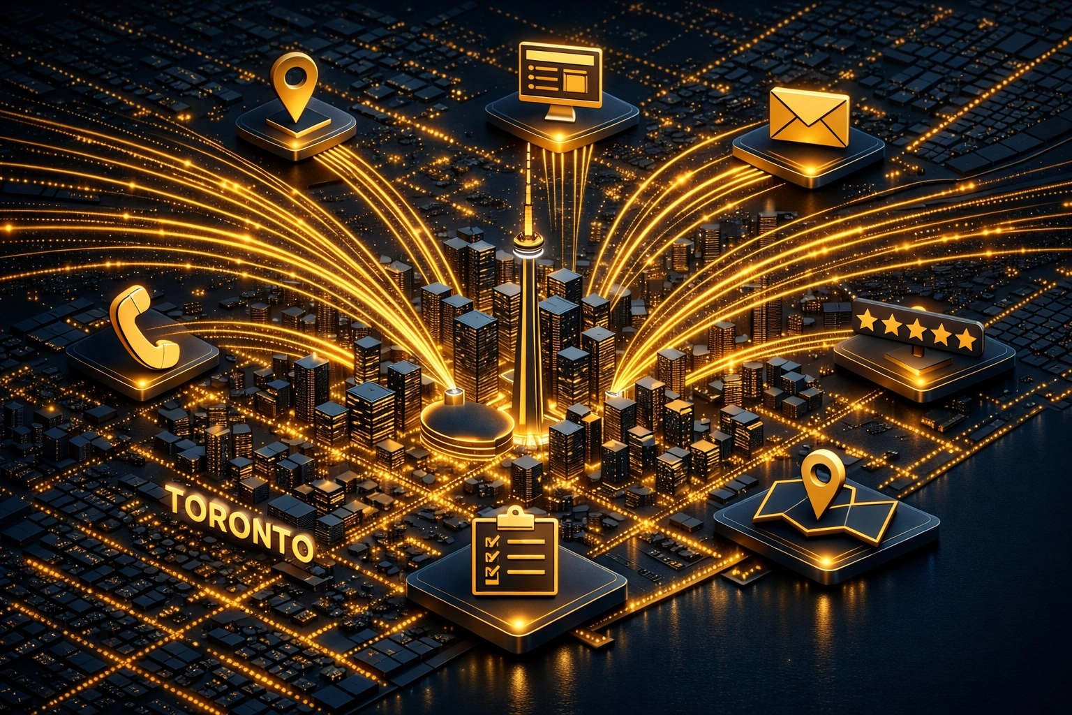 Consistent business data streams flowing across a digital Toronto city grid for local SEO.