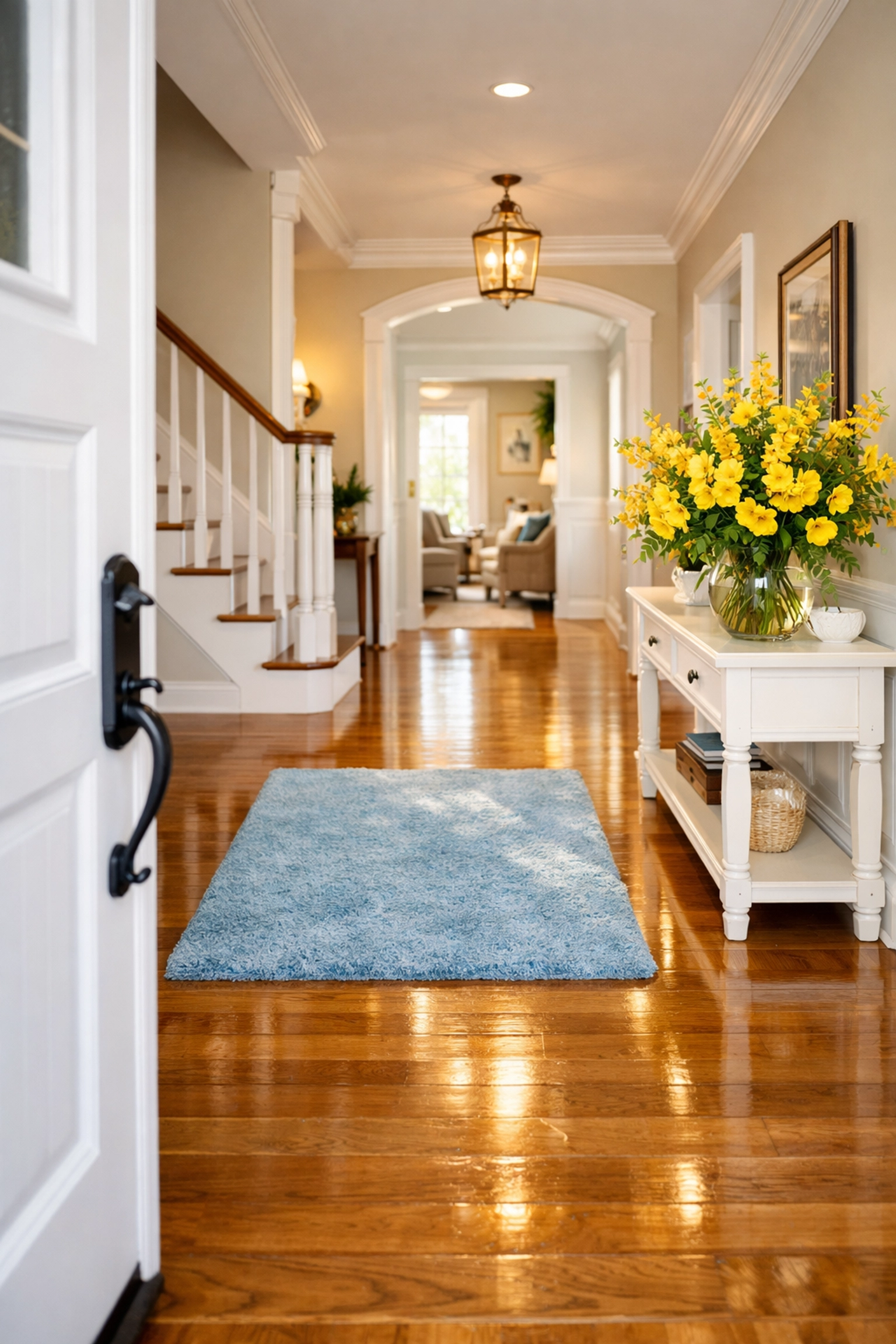 Welcoming Townsend home foyer with sparkling floors after professional house cleaning Townsend MA.