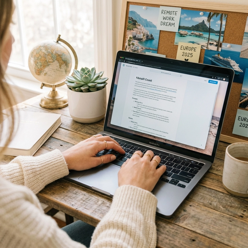 Woman's hands typing on laptop at home office with travel vision board, showing remote travel advisor work