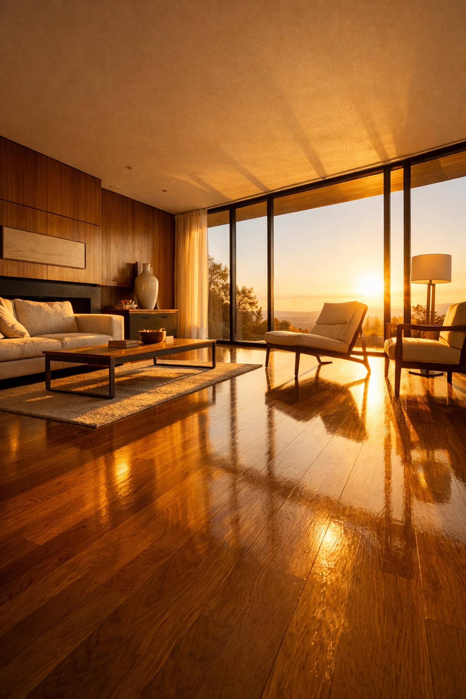 Sunlit modern living room with clean hardwood floors reflecting weekly house cleaning results.