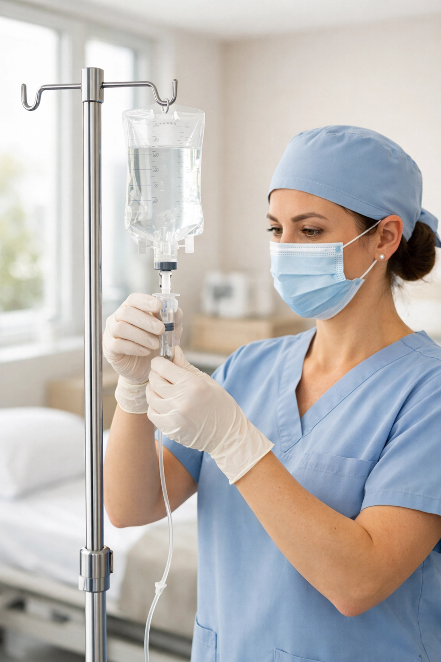 Medical professional preparing IV therapy drip bag in modern clinical wellness setting