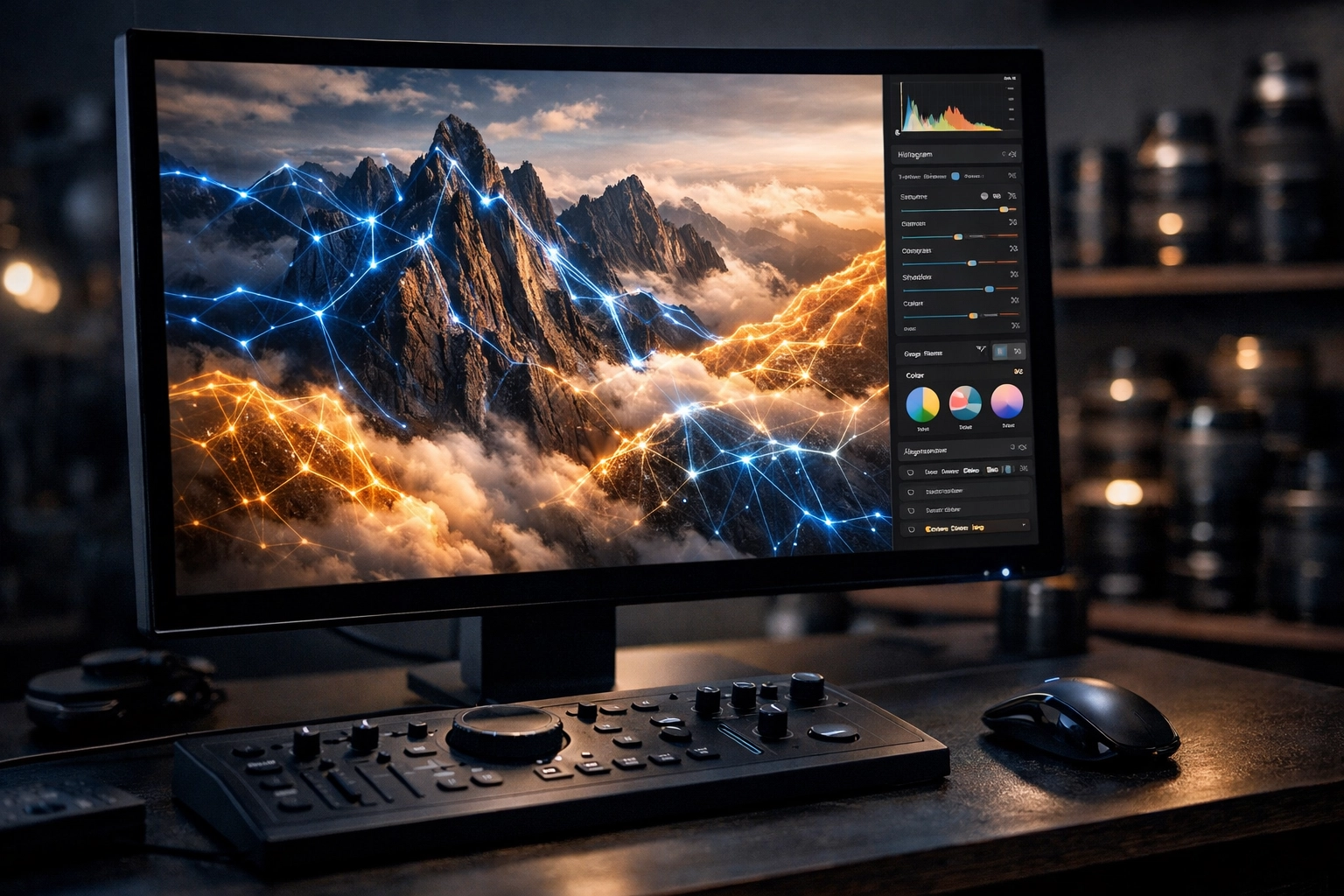 Professional monitor displaying AI photo editing software analyzing a mountain landscape.