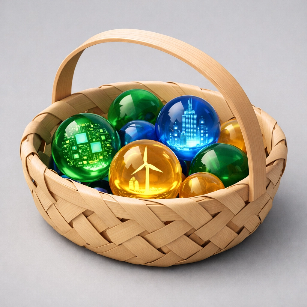 A basket of diverse spheres representing a well-balanced and diversified investment portfolio for beginners.
