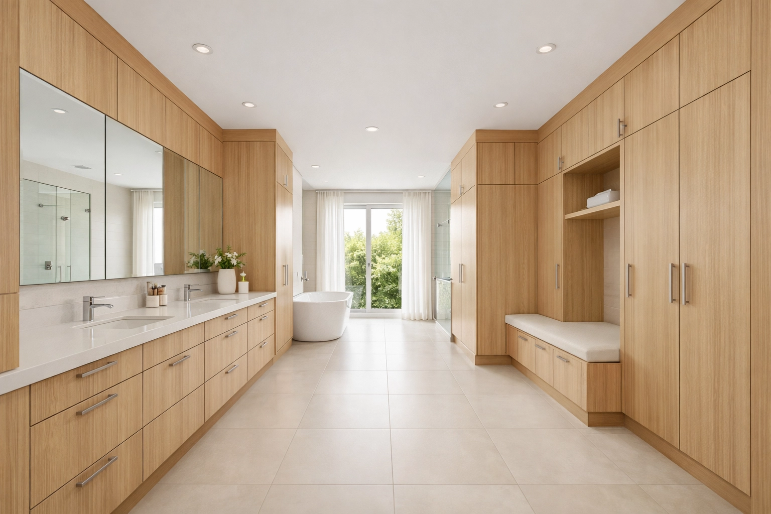 Spacious bathroom remodeling Orlando layout with custom oak cabinetry and cream porcelain floor tiles.