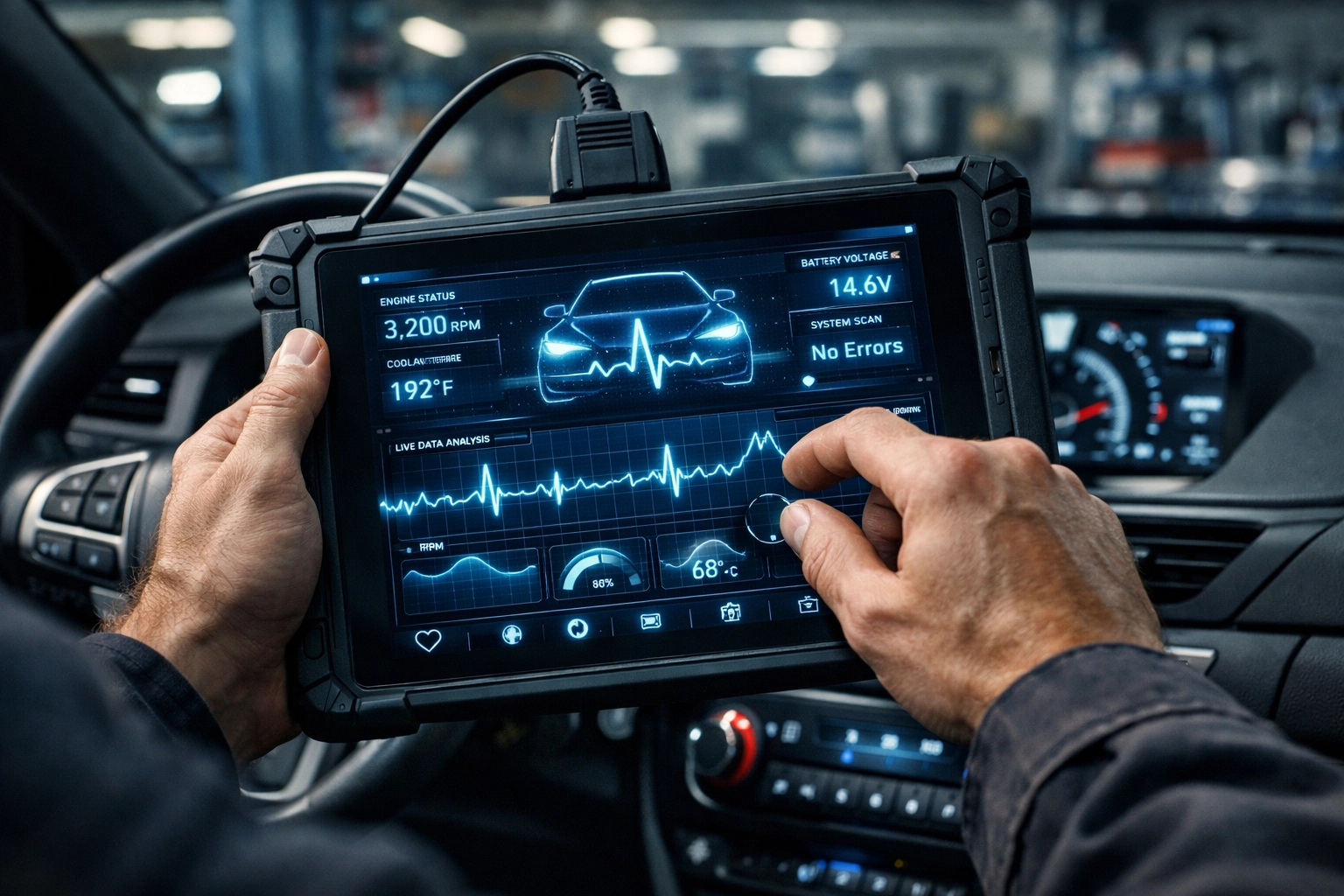 Automotive technician in Coventry performing a digital vehicle health check to prevent fleet downtime.