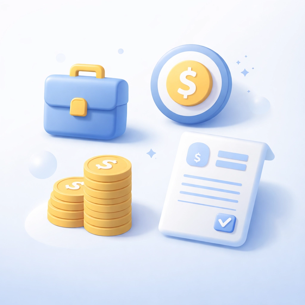 Illustration of business funding options for working capital loans, including briefcase, coins, and credit symbols