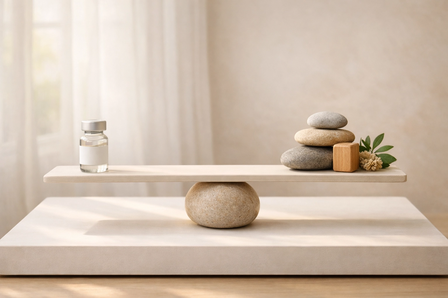 Balanced scale weighing medical injections against natural holistic sciatica treatment approaches