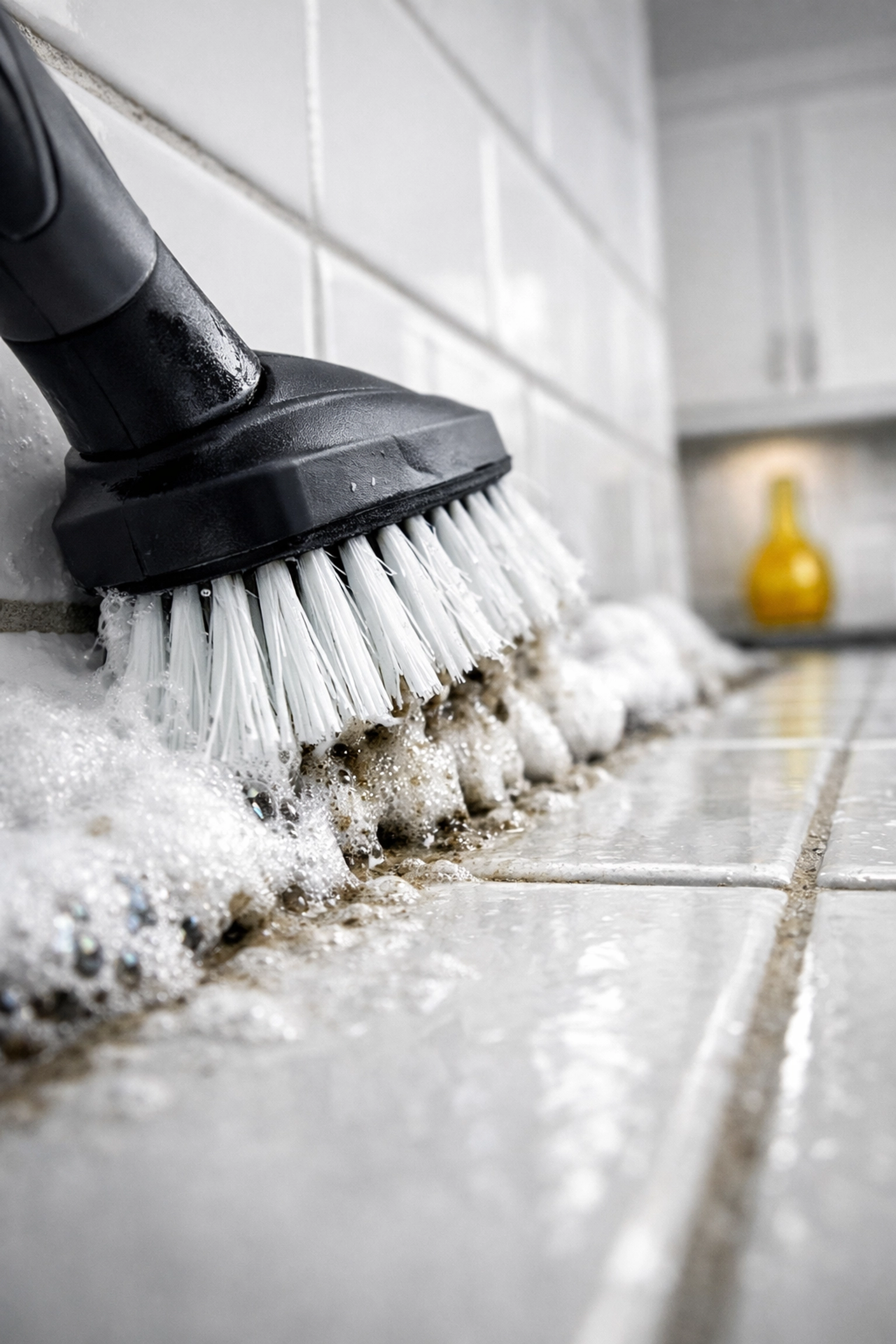 Scrubbing grout lines with a brush and oxygen bleach foam on kitchen subway tiles.