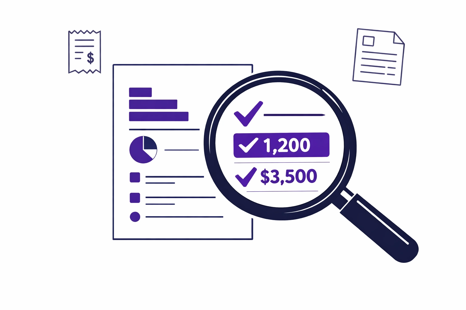 Reviewing financial documents to identify and correct bookkeeping errors with magnifying glass
