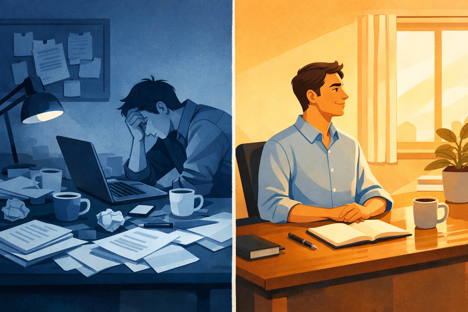 Morning review contrast showing cluttered stressed desk versus organized calm workspace