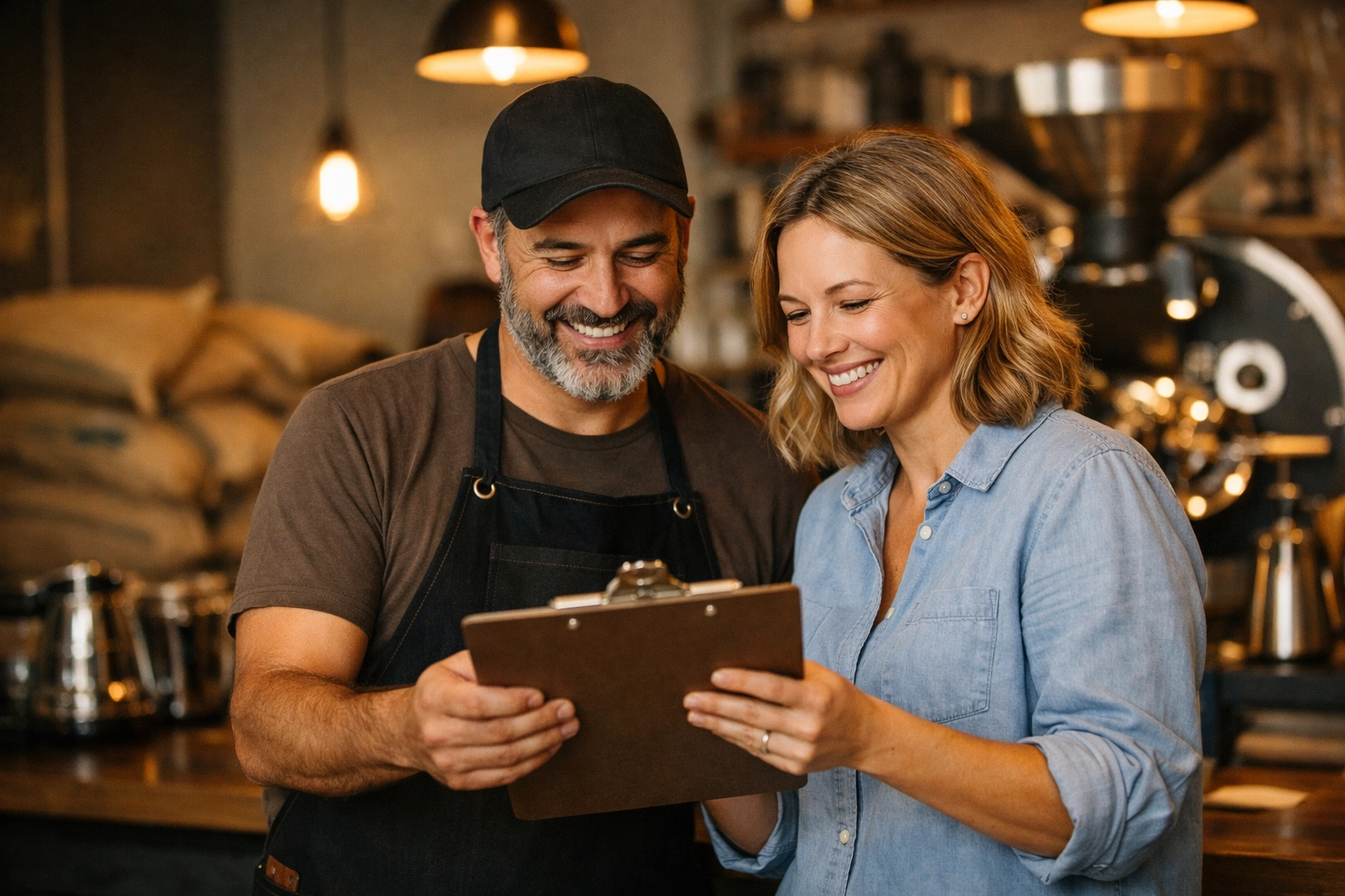 A coffee roaster and café owner collaborating behind a bar, showing a strong supplier partnership.