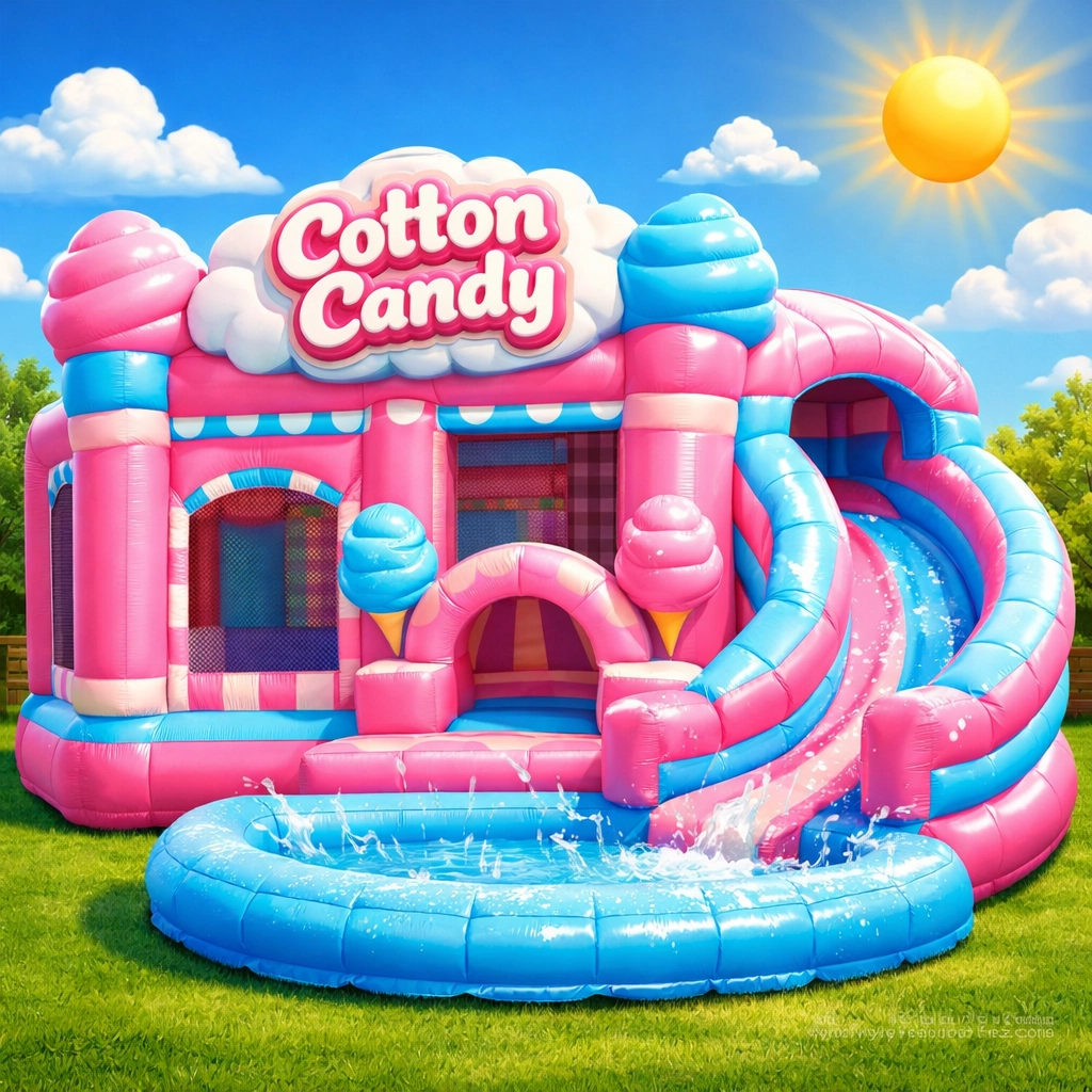 Vibrant Cotton Candy water slide and bounce house combo rental for a fun Spring Hill backyard party.