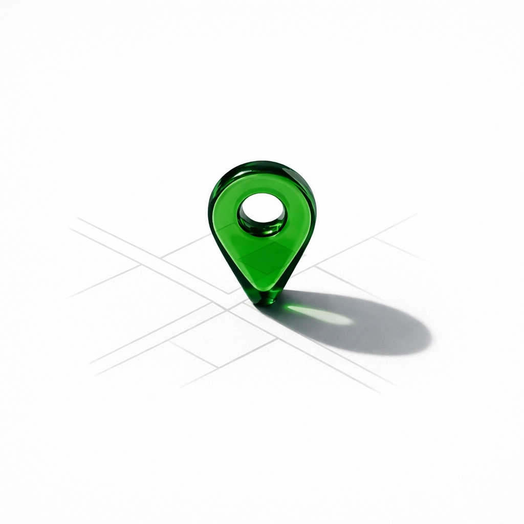 A green location pin on a map grid highlighting proximity for local near me searches.