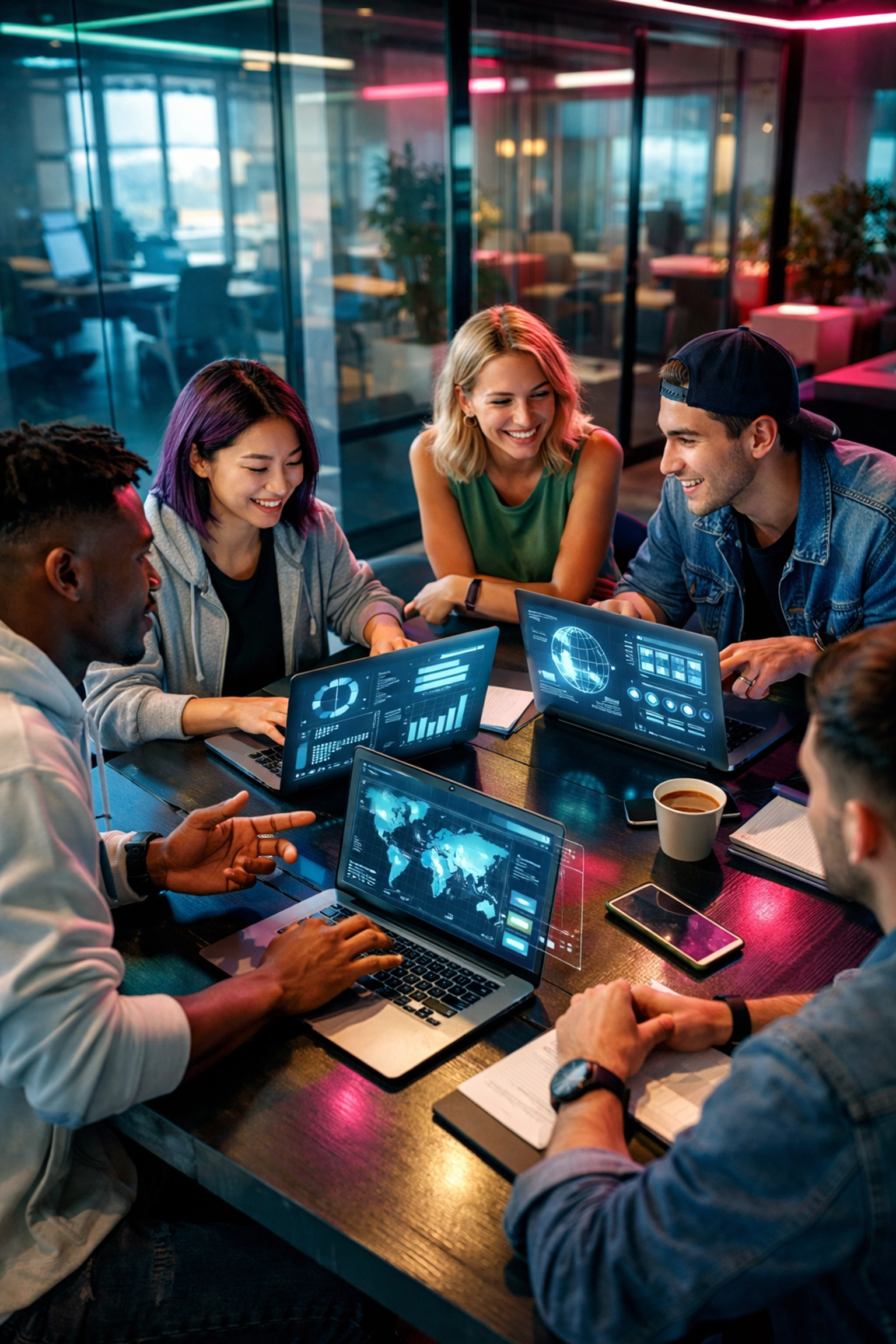 Modernes Gen Z Team nutzt KI-Kompetenz in einem zukunftsorientierten Coworking-Space.