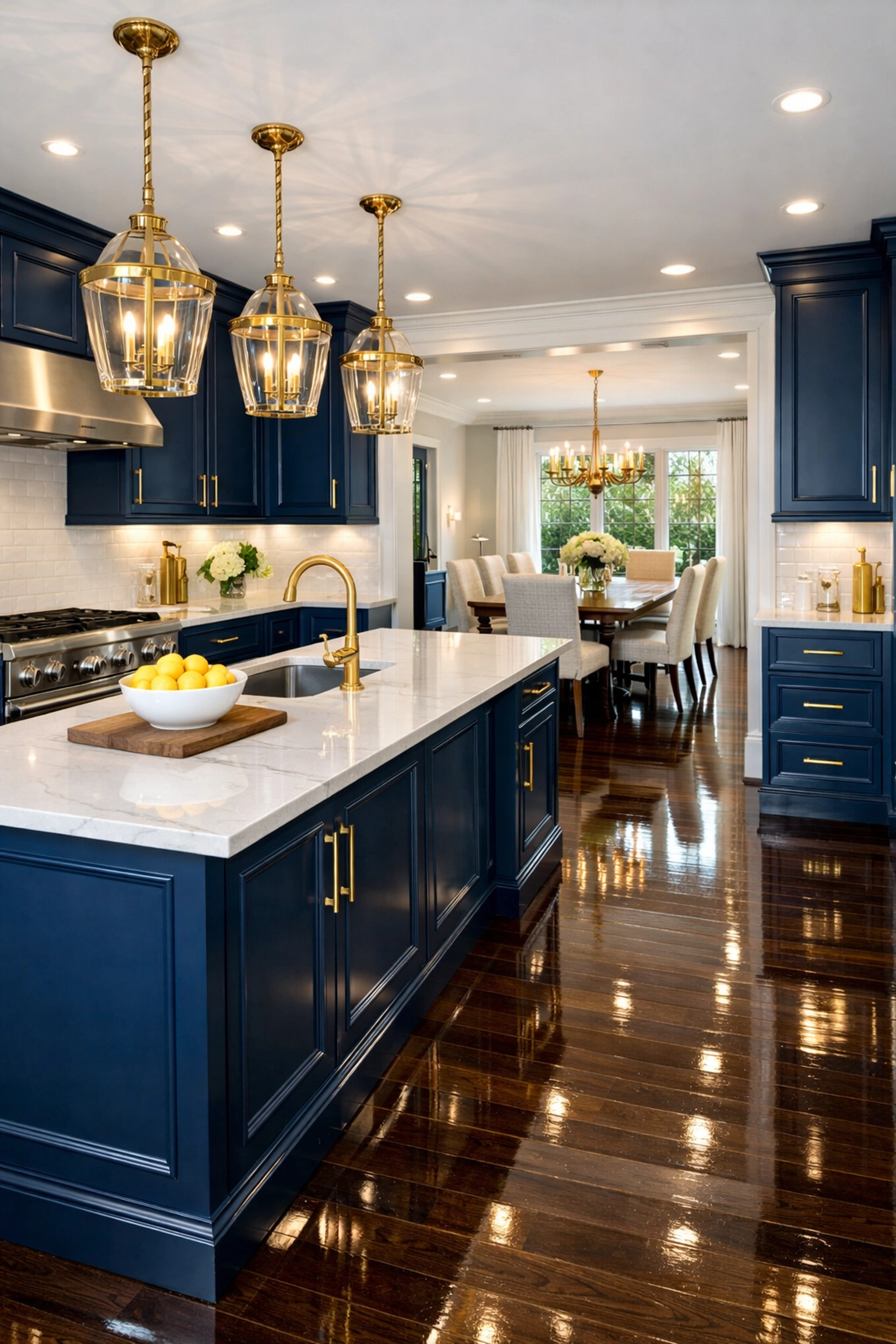 Pristine luxury kitchen with blue cabinets cleaned by professional house cleaning Pepperell MA experts.