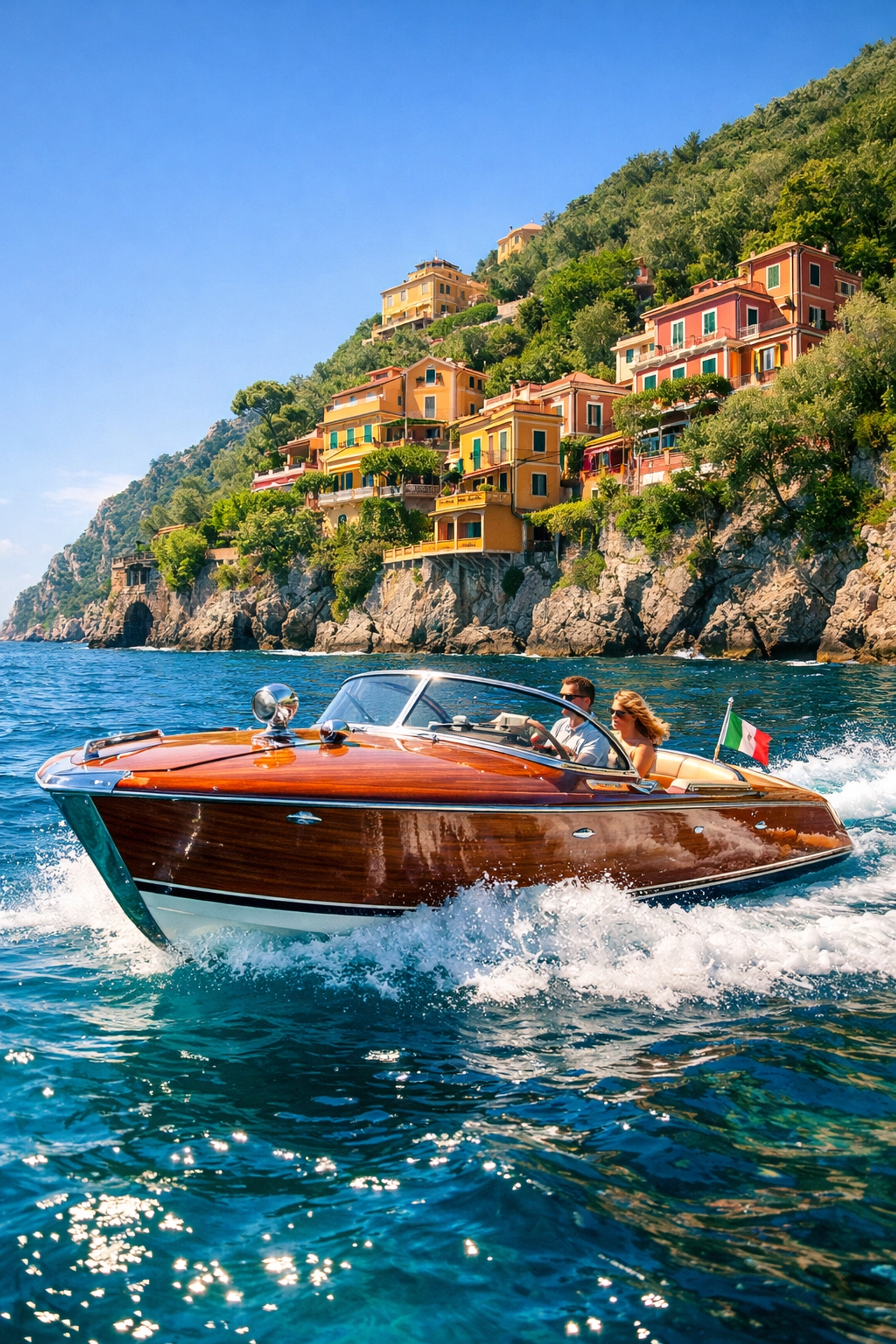 A wooden luxury speedboat cruising through turquoise Mediterranean waters past sun-drenched coastal villas.