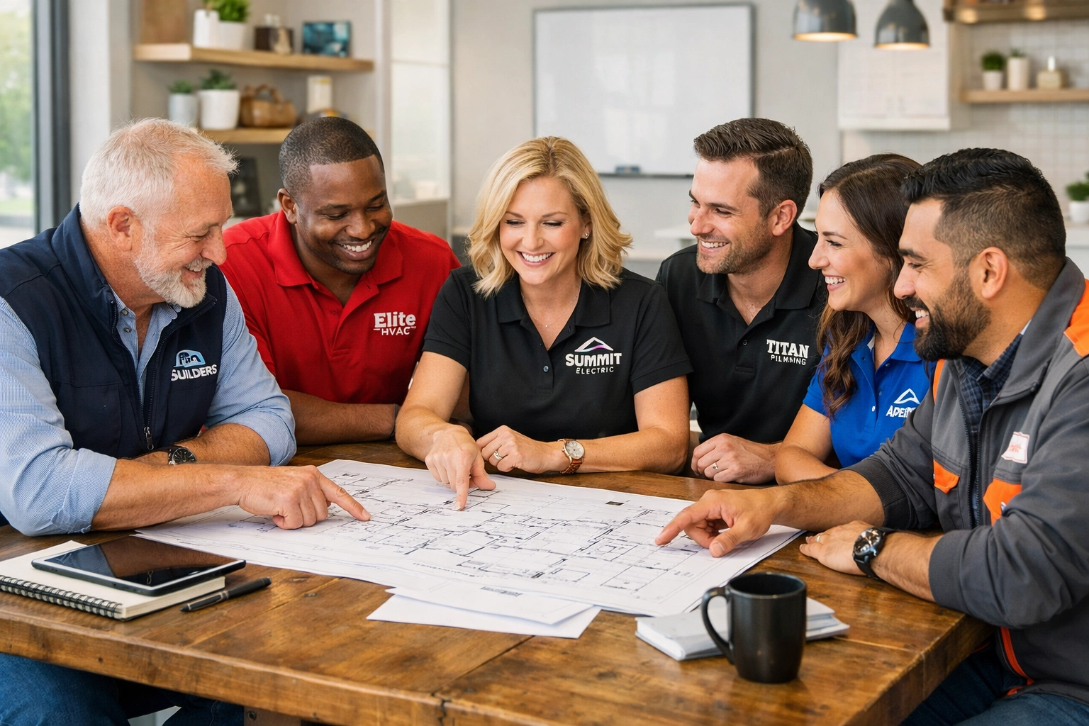 Construction business owners collaborating in a 20 Group meeting to scale their trade service systems.