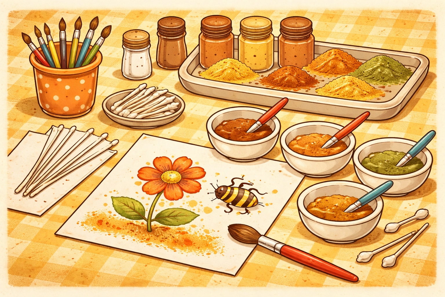 Bird's-eye view of a craft table set up for kids' spice painting with cardstock, brushes, and colorful spice paints.