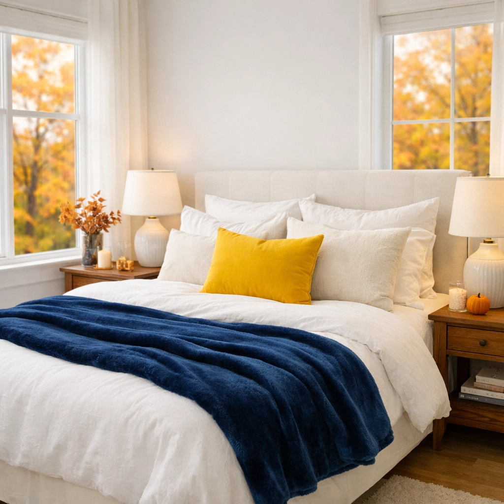 Meticulously cleaned bedroom with navy linens and autumn views for fall house cleaning in Worcester.