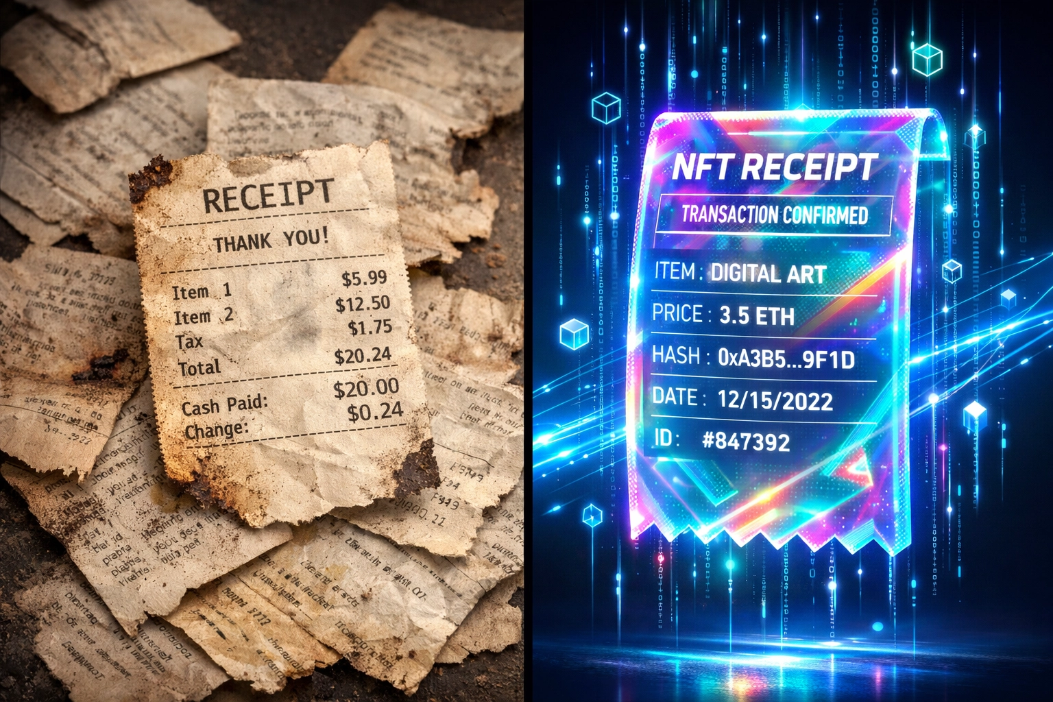 NFT receipt vs traditional paper receipt showing blockchain transaction compliance