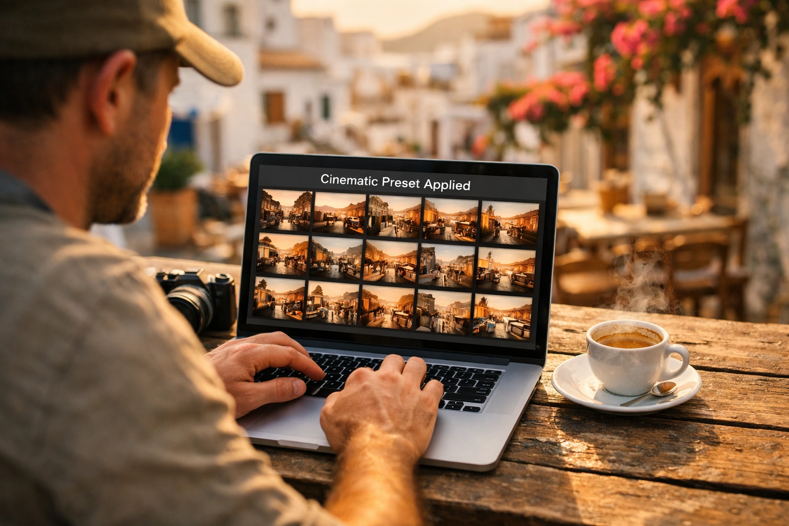Photographer using a laptop to apply photo editing presets to a series of travel images in a workflow.