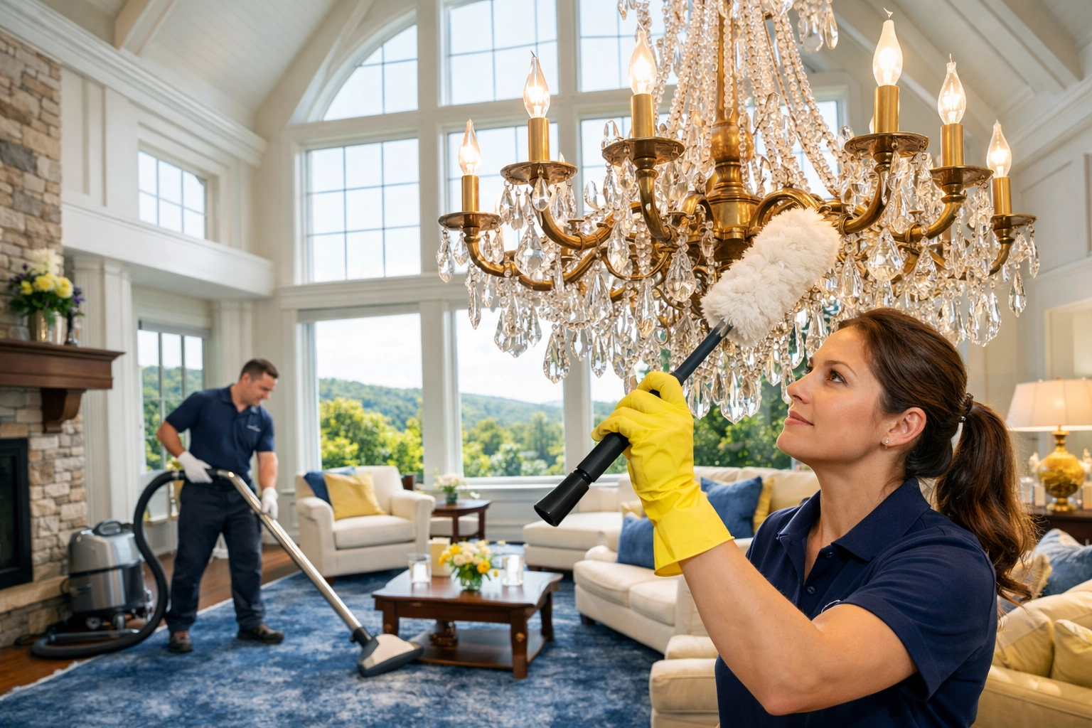 Team of professional cleaners performing a thorough deep cleaning in a large Massachusetts home.