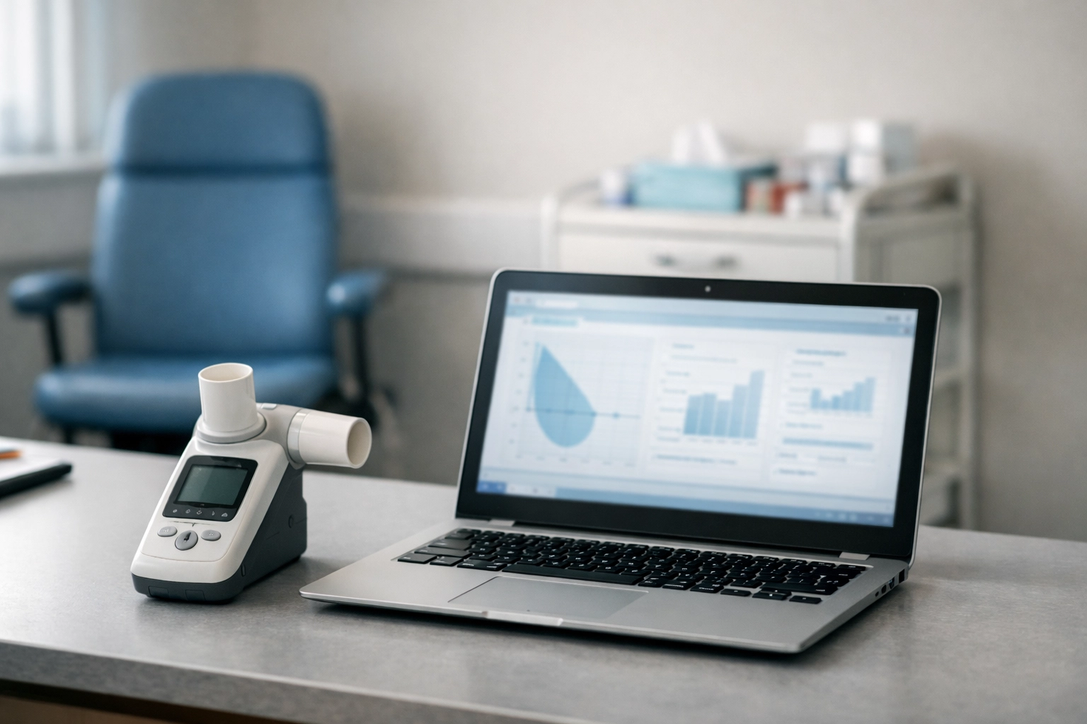 Spirometry equipment and clinical data charts on a desk in an NHS respiratory diagnostic services room.