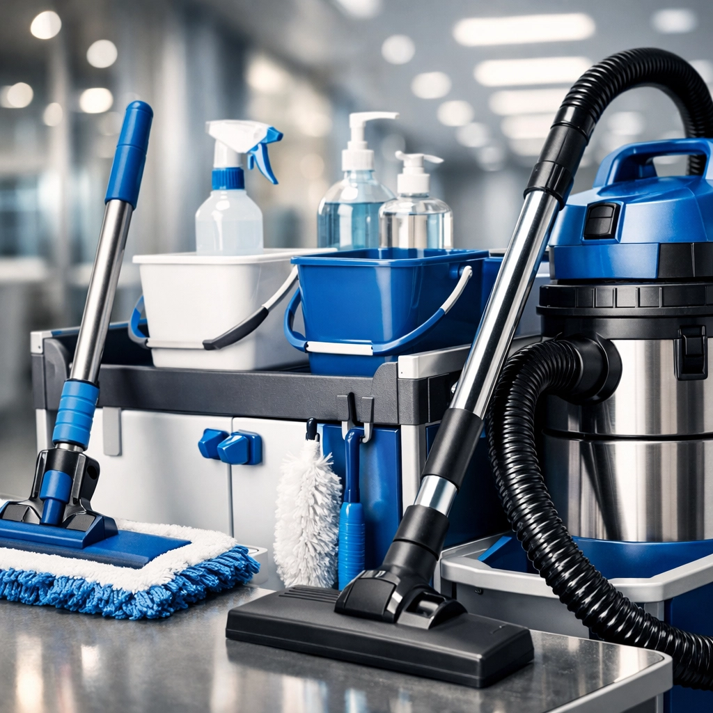 Professional janitorial tools in a modern office hallway representing expert facility maintenance.