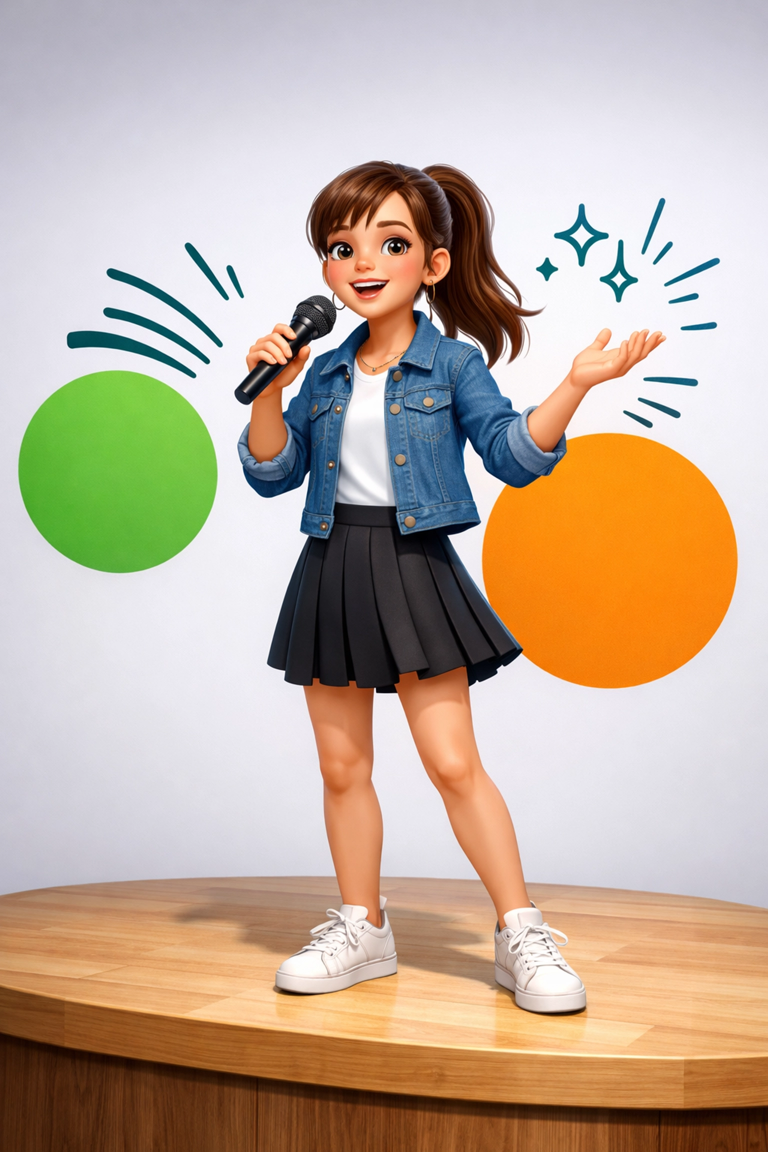 A confident teen girl speaking into a microphone, illustrating leadership and communication skills for teens.