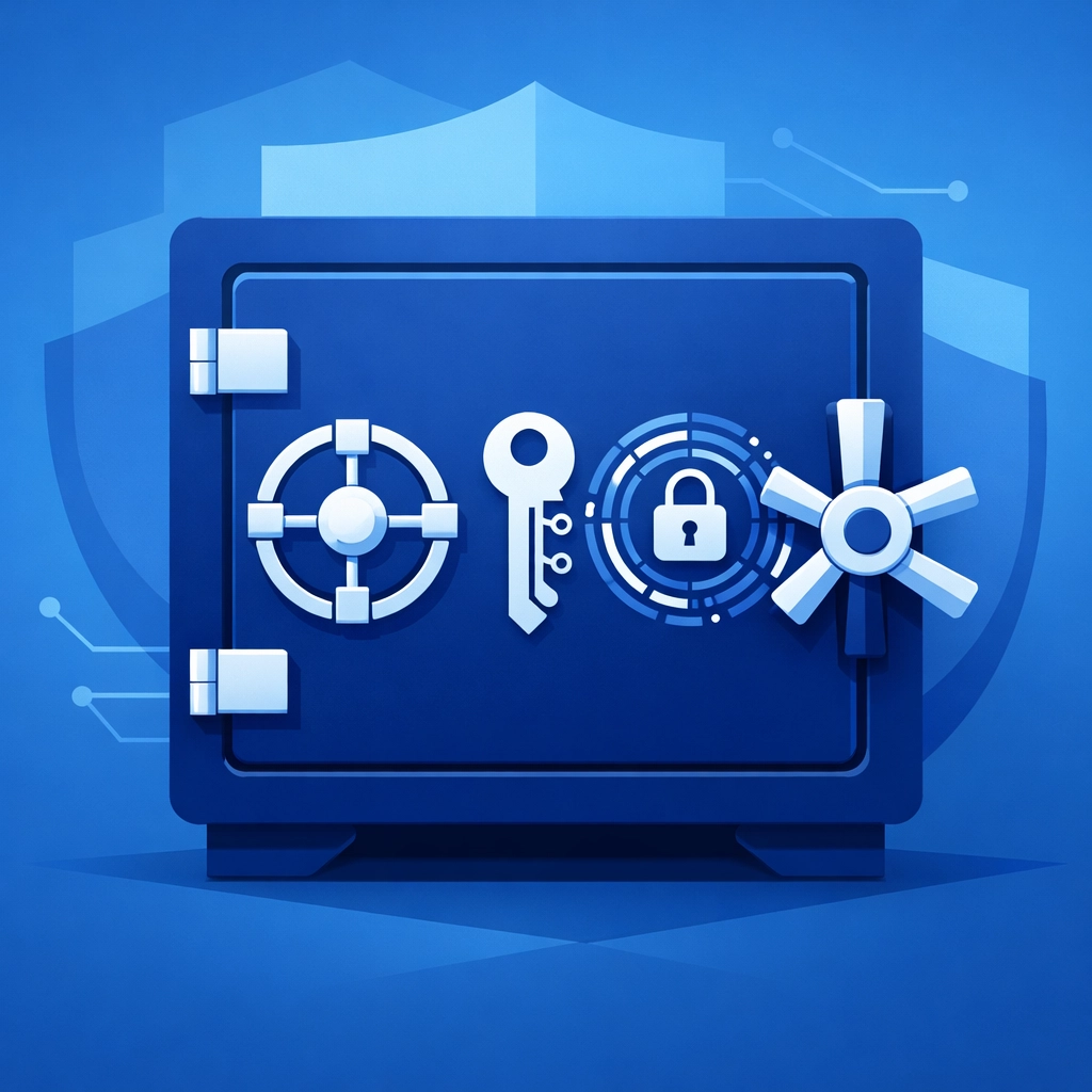 Secure digital vault with encryption symbols showing protected backup data storage