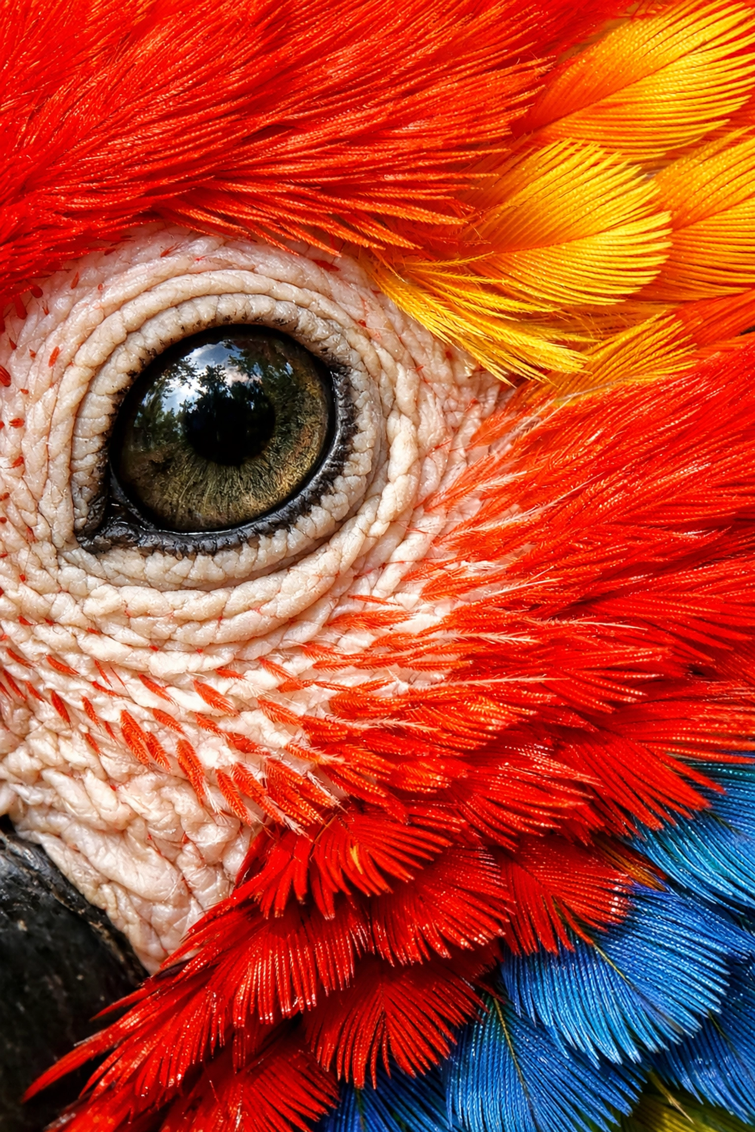 Extreme close-up of a Scarlet Macaw eye and vibrant feathers showing the detail of professional wildlife imagery.
