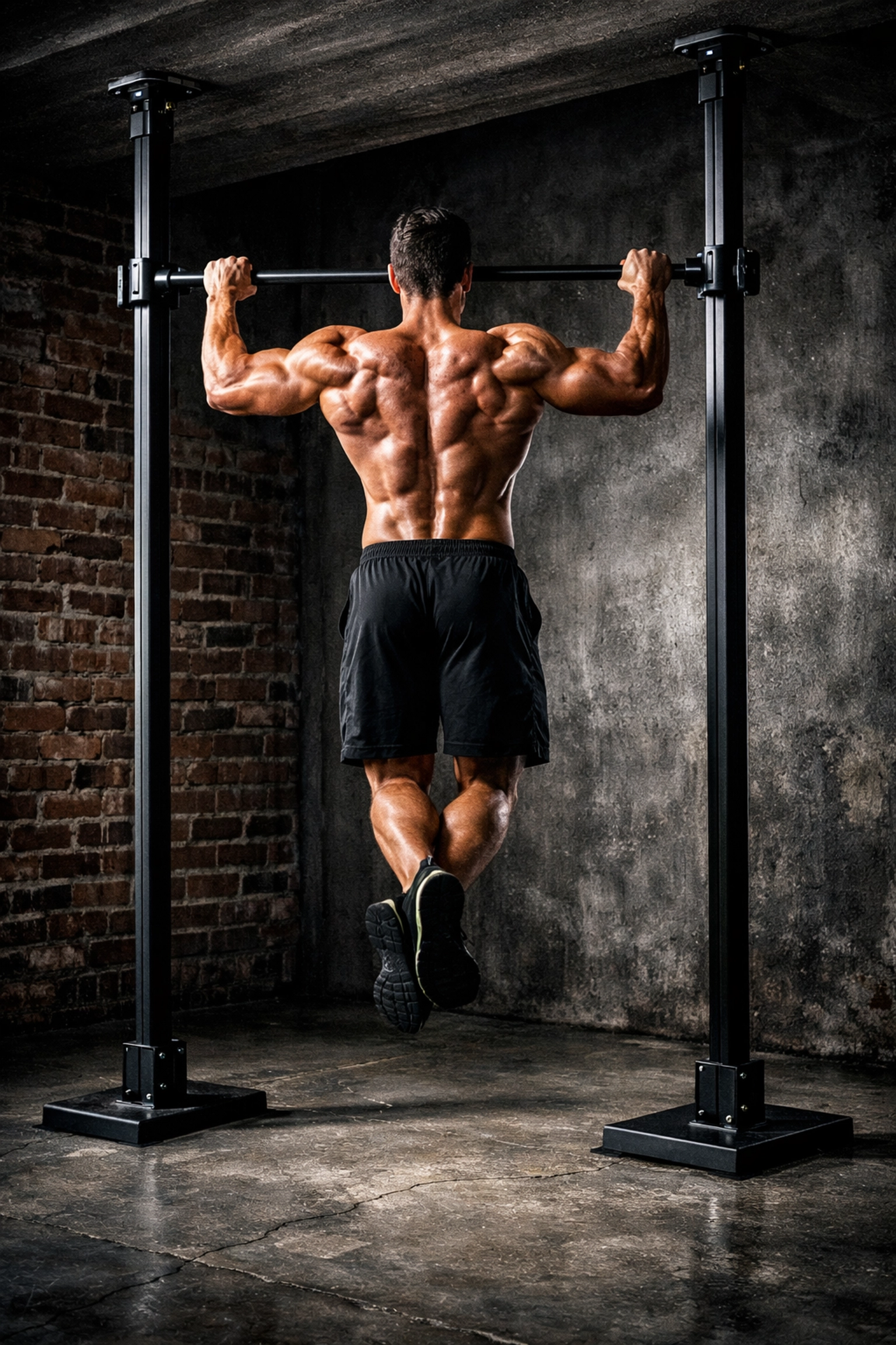 Athlete performing pull-ups on a floor to ceiling gym column, an effective pull up bar alternative.