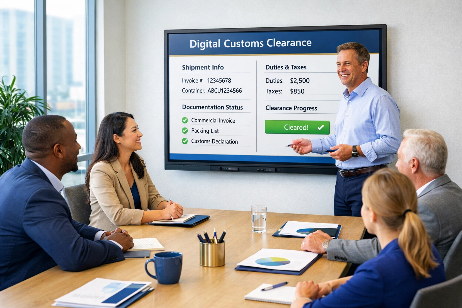 Business team reviewing digital customs clearance system for international trade operations