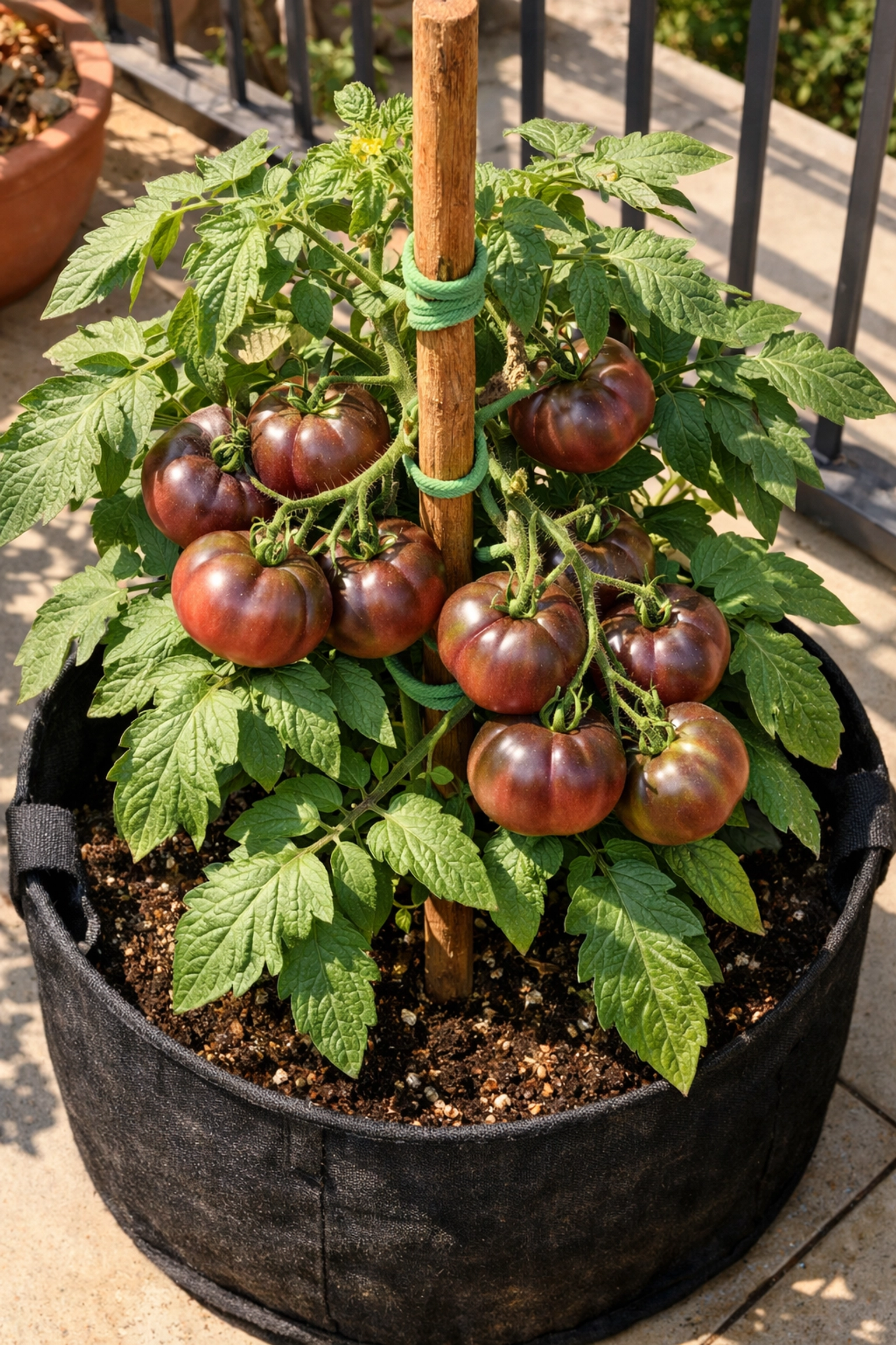 Cherokee Purple tomato plant staked in fabric grow bag on patio