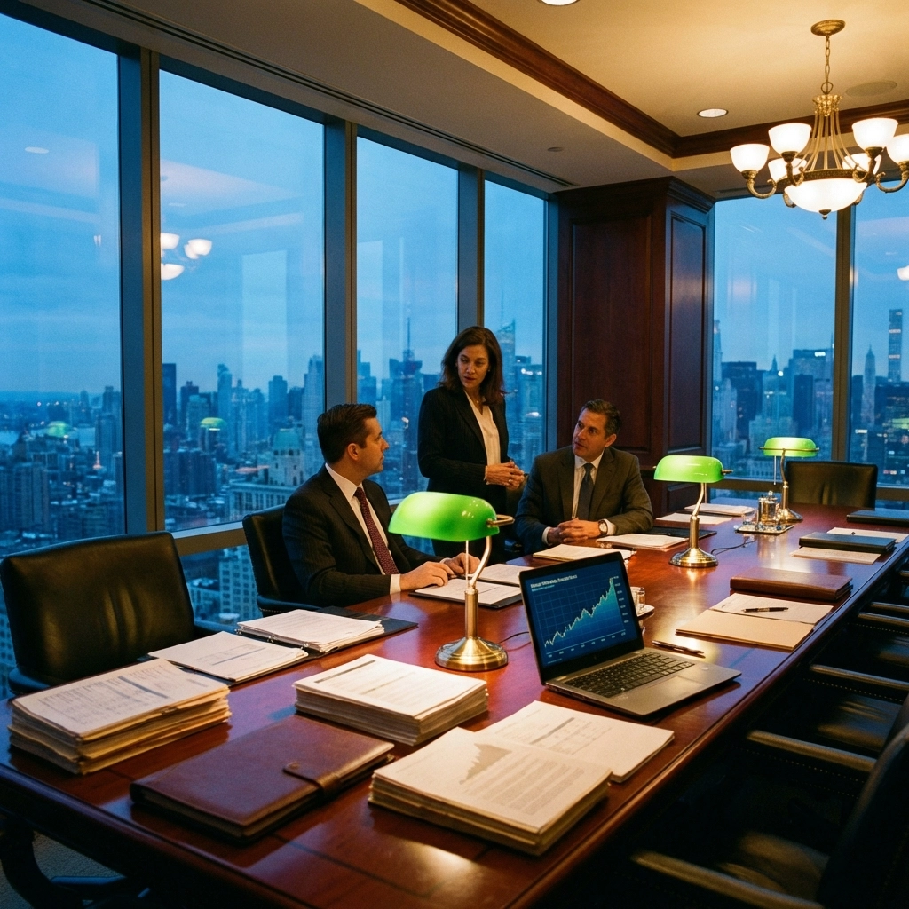 Conference room with financial charts and documents, illustrating private credit investment strategies for accredited investors.