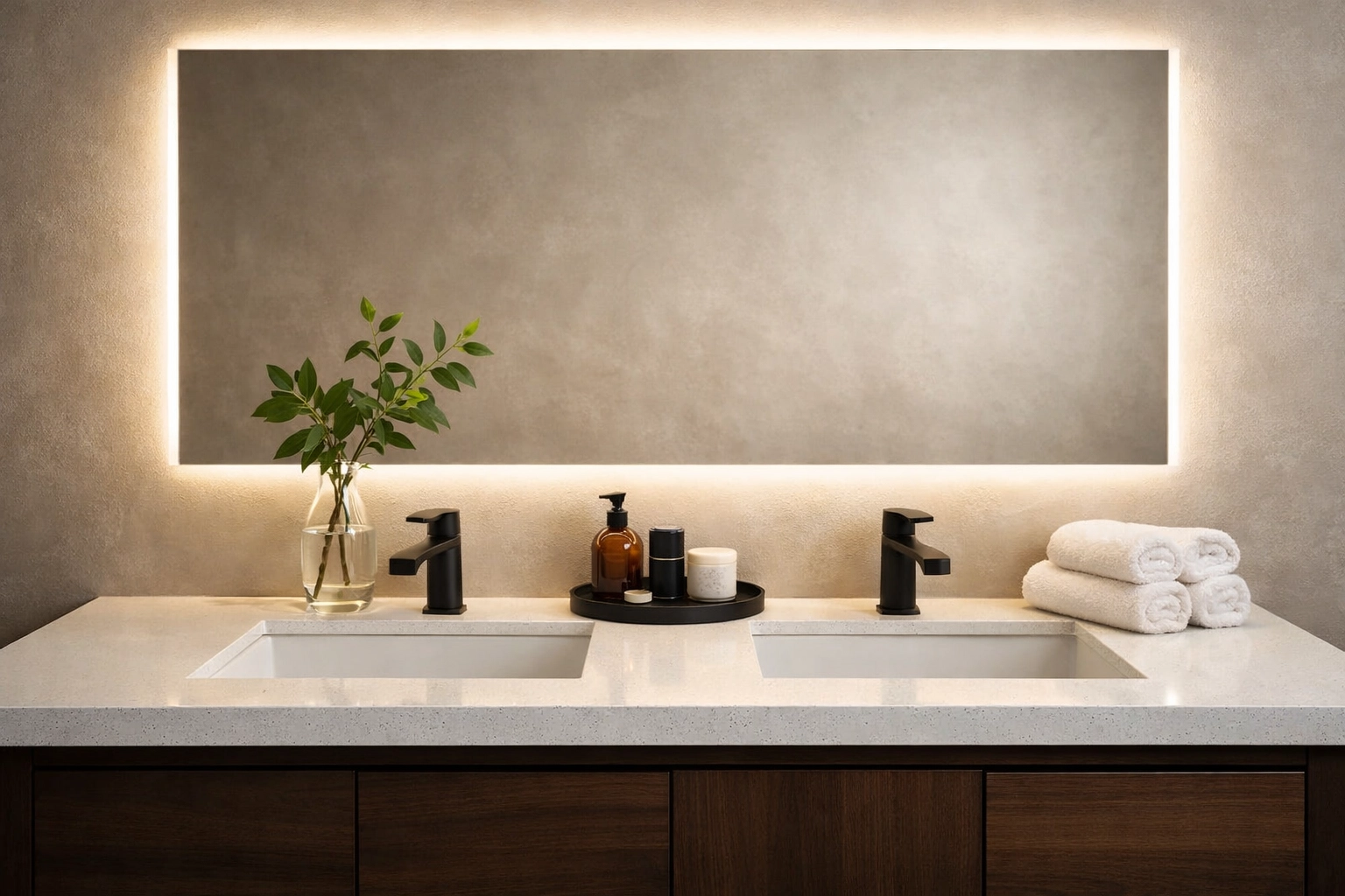 Custom double vanity with quartz countertops for a high-ROI bathroom remodeling Orlando project.