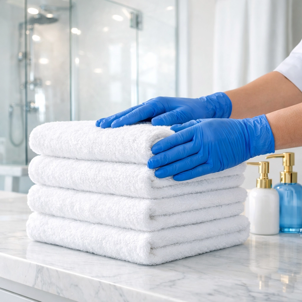 Professional house cleaning detail showing stacked towels on a sparkling marble bathroom vanity.